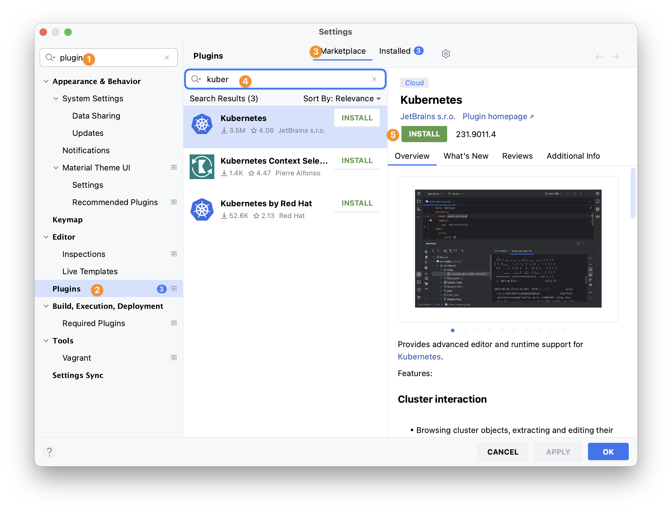 Screenshot of installing the Jetbrains Kubernetes plugin